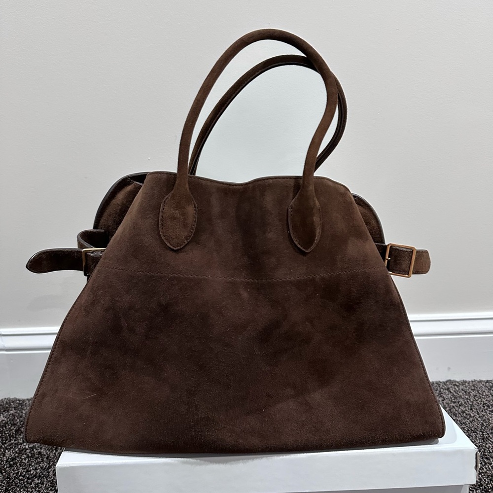 The Row Soft Margaux 15 Brown Suede Leather Top Handle Bag